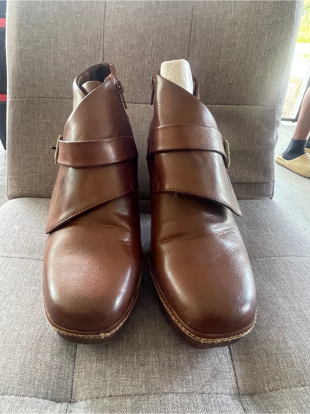 Korks Stacey block heel platform booties with a buckle strap 8.5